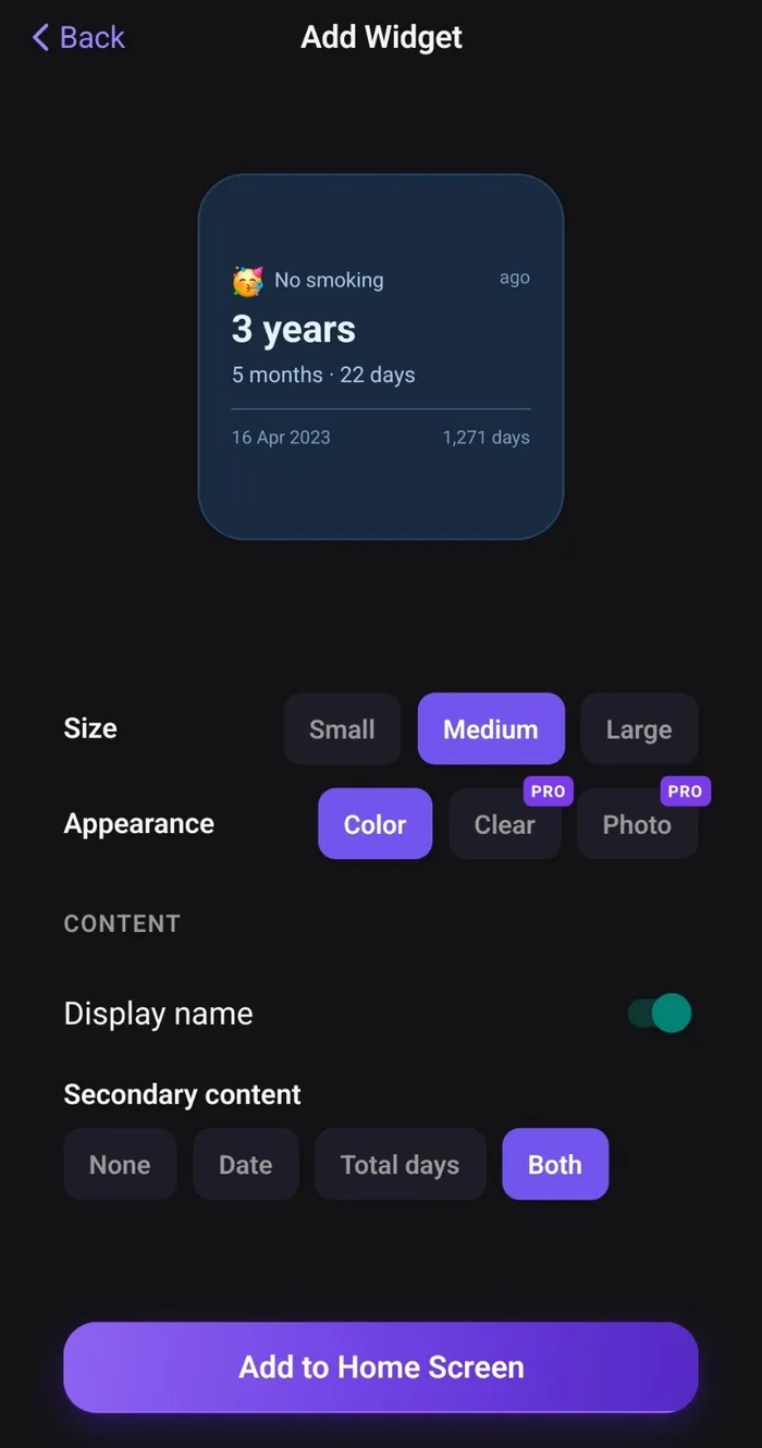 Time Counter’s Add Widget screen: a preview, size options Small, Medium and Large, appearance options Color, Clear and Photo, and content options for the display name and secondary content.