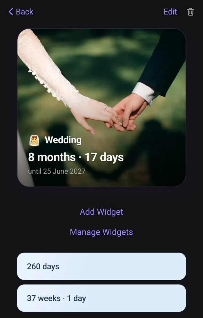 A counter’s detail screen: Wedding, 8 months · 17 days until 25 June 2027, with Add Widget and Manage Widgets, and the same time as 260 days and 37 weeks · 1 day.