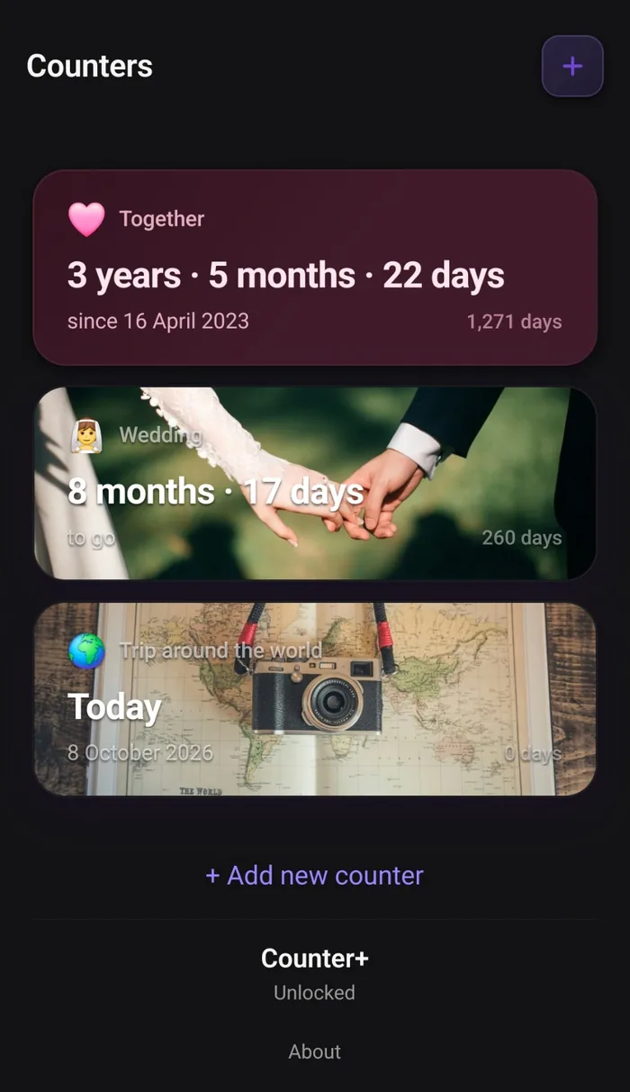 The Counters list: Together, 3 years · 5 months · 22 days since 16 April 2023; Wedding, 8 months · 17 days to go; Trip around the world, Today.