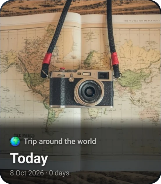 Large photo widget: Trip around the world, Today, 8 Oct 2026 · 0 days, over a photo of a camera on a world map.